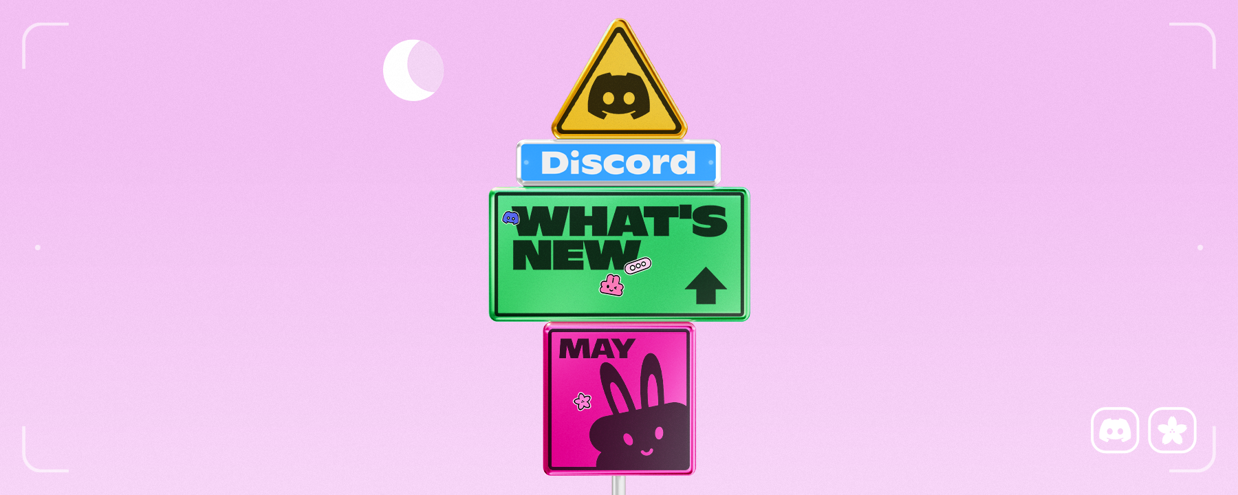 A signpost reading "Discord", "What's New", and "May"