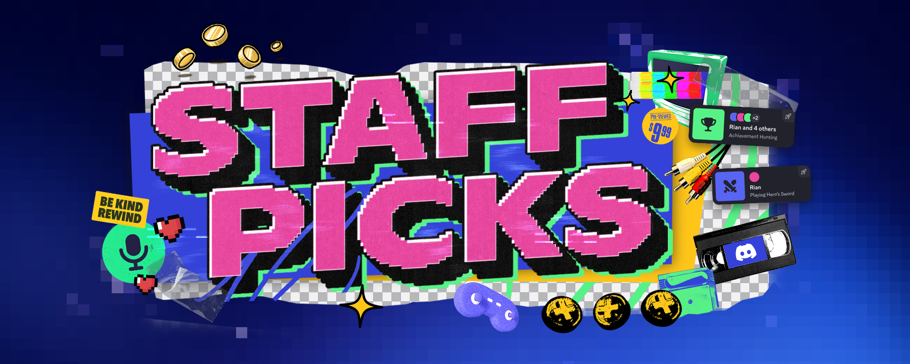 A stylized header that says “Staff Picks.” Icons and imagery of gamepads, microphone icons, VHS tapes, and in-app Activity statuses. 