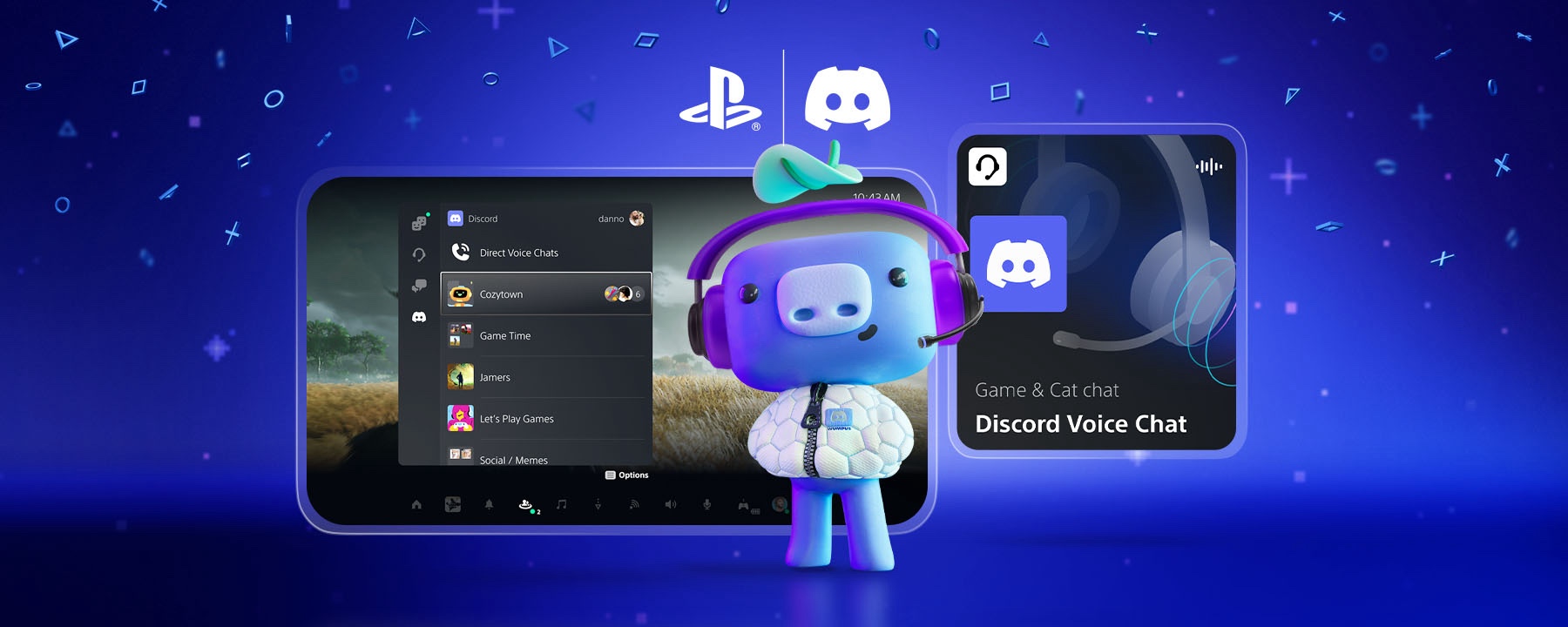 Wumpus, in a puffy jacket and wearing a gaming headset, standing in front of two screenshots. These screenshots show examples of the Discord Voice on PS5 console experience. 