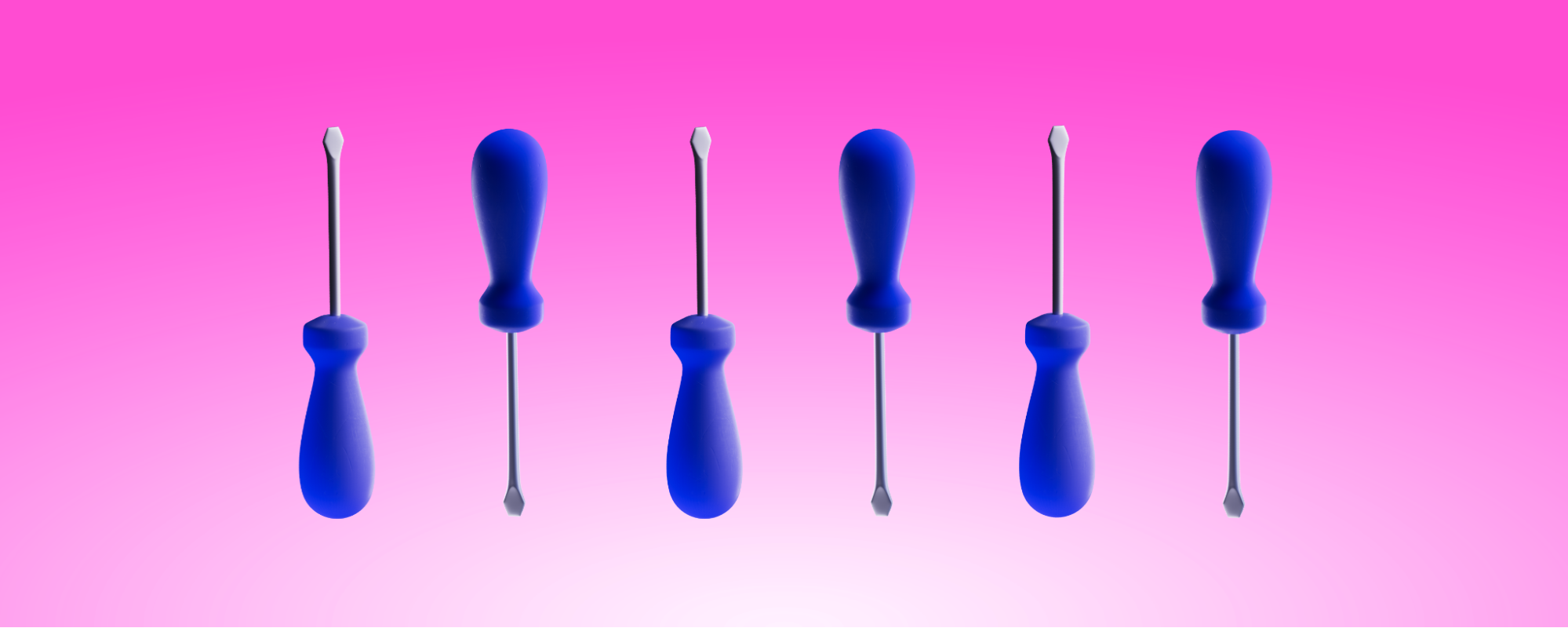 Six flathead screwdrivers neatly laid down in an alternating pattern.