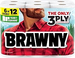 Brawny Tear-A-Square 3-Ply Paper Towels, 6 Double Rolls = 12 Regular Rolls, Strong, Absorbent, and Durable with 3 Sheet...